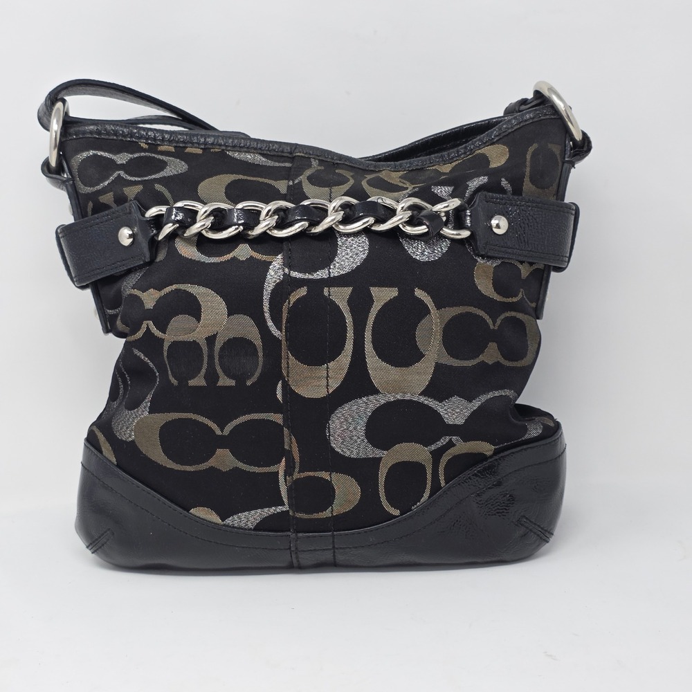 Coach Signature Metallic Outline Black Leather Canvas Shoulder Bag F19820